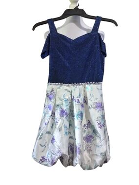 Speechless Navy Glitter Bodice with Floral Satin Skirt Girls Dress